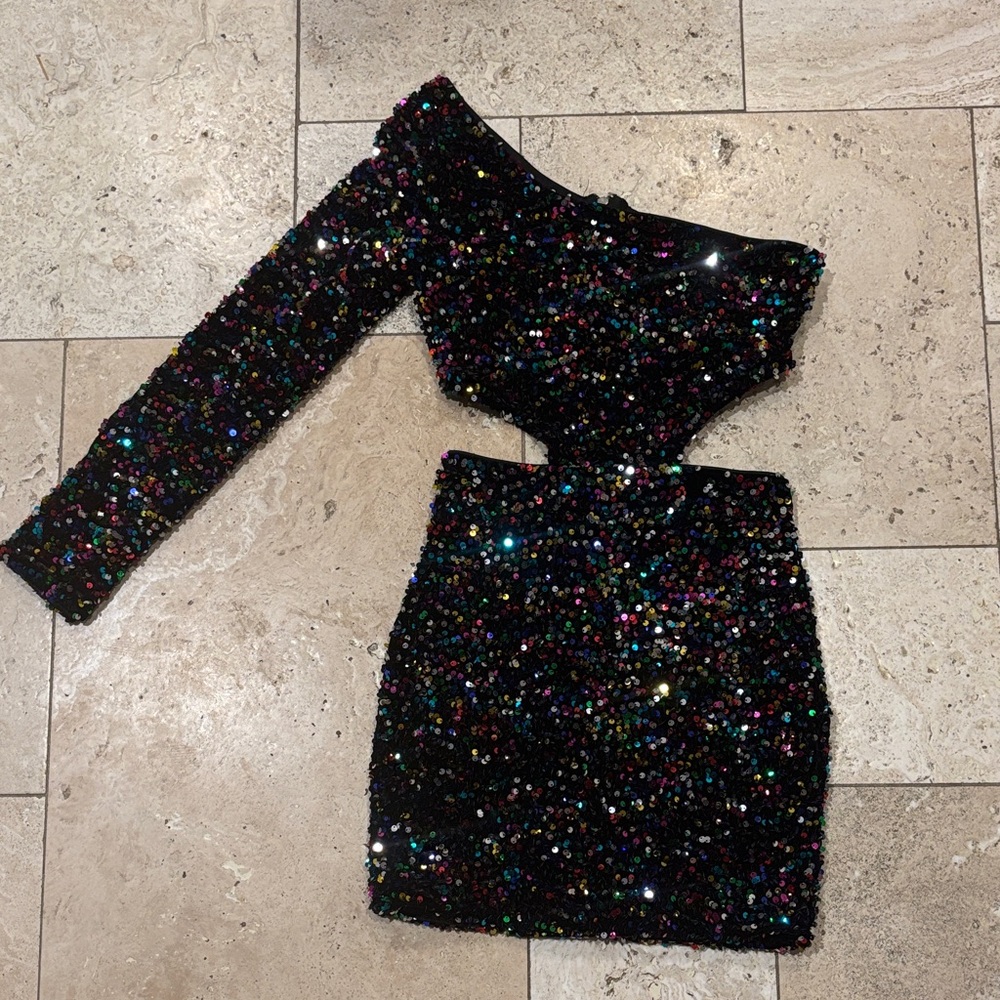 New Year’s Black Sequin One-Shoulder Dress